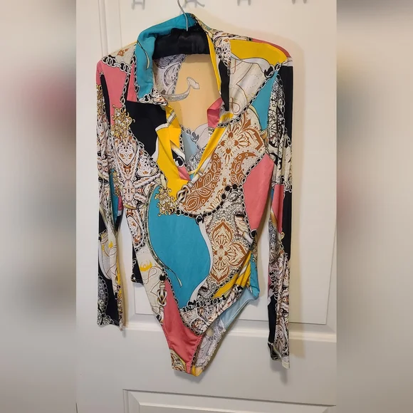 Fashion Nova Chain Print Scarf Bodysuit-long Sleeve-vibrant-multi Size M - Picture 2 of 11